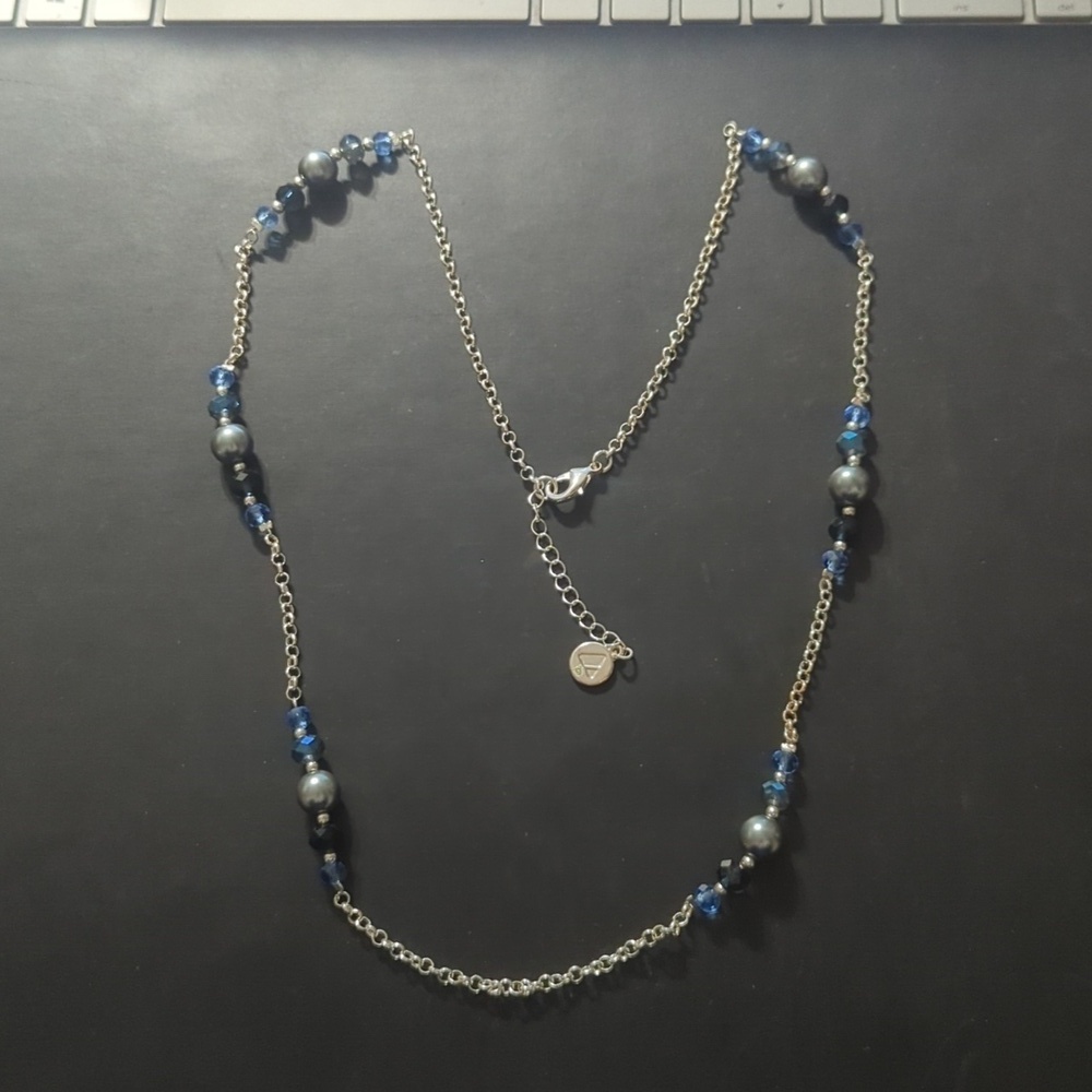 Liz Claiborne Silver Tone Blue Faux Pearl Crystal Chain Long Statement Necklace